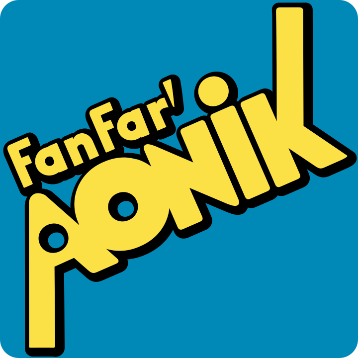 Logo du groupe : le texte Fanfar'AONIK dans une police personnalisée jaune sur fond bleu avec un ombré noir